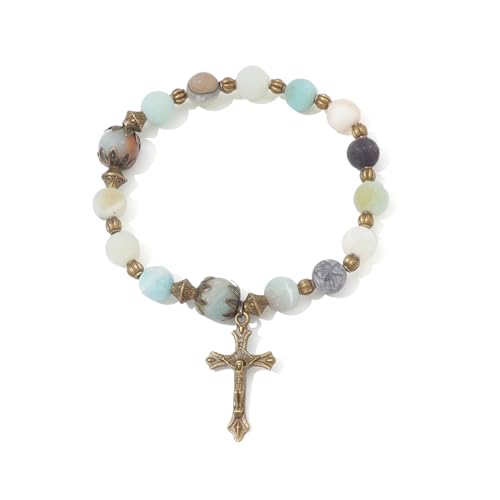 KOMI Gemstone Beaded Stretch Bracelet 8mm & 10mm Beads Rosary Bracelet with Crucifix Cross, Beads Bracelet for Women & Men Catholic Religious Jewelry