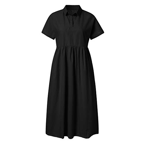 Women's Turn Down Collar Dress, Ladies Loose Short Sleeve Plus Size Dress Ruched Plain Dress Gogoodgo Black - Thumbnail 2