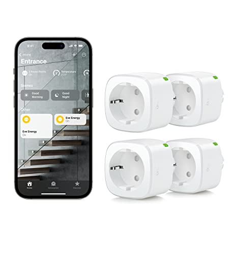 Eve Energy (Matter) 4er Set – Smarte Steckdose, Verbrauchsmessung, TÜV-zertifiziert, Matter, Thread, funktioniert mit Alexa/Apple/Google Home/SmartThings/Home Assistant, Thread Border Router erf