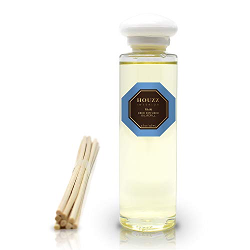 HOUZZ Interior RAIN Reed Diffuser Refill Oil Room Scent & Reed Sticks! Grassy Vetiver, Arugula, Lavender & Sweet Basil - Natural Essential Oils - No Sulfates or Parabens - Convenient & Easy to Use