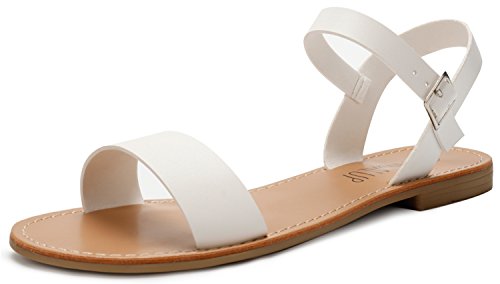SANDALUP Women’s Soft Faux Leather Open Toe and Ankle Strap Buckle Flat Sandals