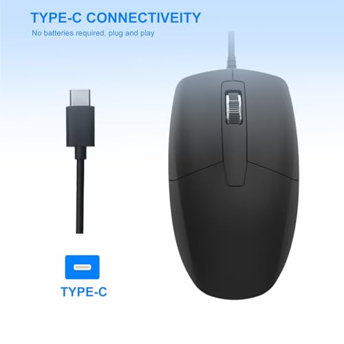 LOONASA USB C Wired Mouse, Type C Optical Mouse, Portable Silent Comfortable, for Laptop, Mac, MacBook, Android, PC, Black
