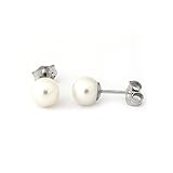 White Round Freshwater Cultured Pearl Stud Earrings in 14k Yellow or White Gold or Sterling Silver
