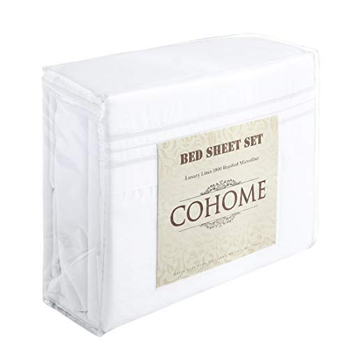 COHOME Queen Bed Sheets Set 4 Piece, Microfiber 1800 Thread Count Luxury Egyptian Sheets-Stain Wrinkle Fade Resistant, Hypoallergenic 16 inch Deep Pocket Bedding Set (White) - Thumbnail 7