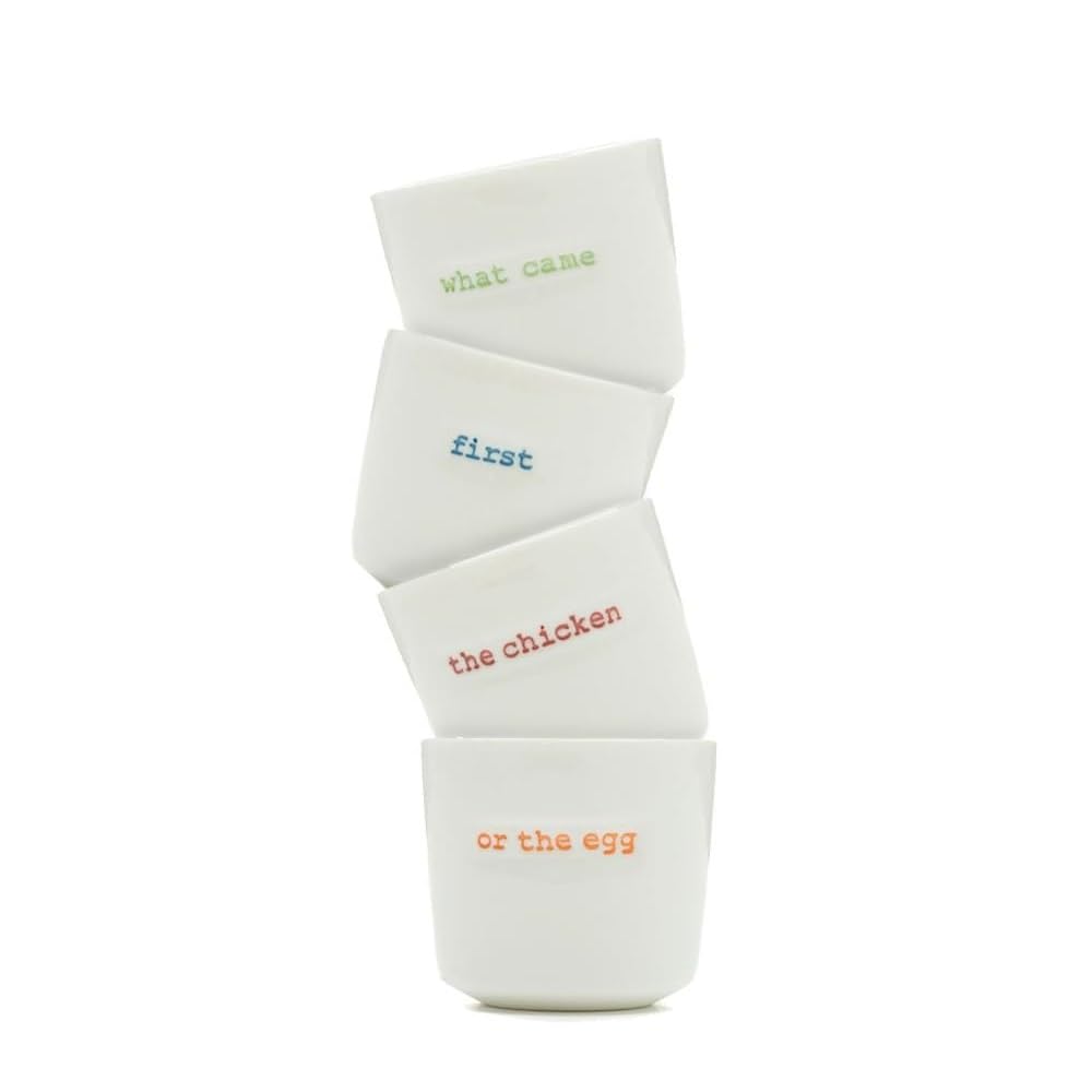Keith Brymer Jones - Word Range - Ceramic Set of 4 Egg Cups - Gift Boxed - What Came First The Chicken or The Egg