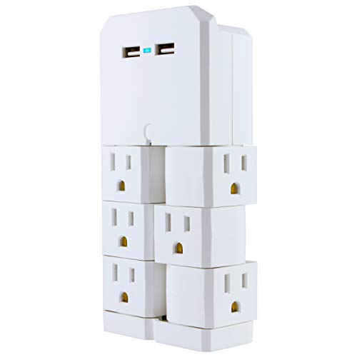 GE UltraPro USB Swivel Outlet Charging Station, 6 Outlets, 2 USB Ports, Outlets Rotate 90 Degrees, Mounting Screw, Power Indicator Light, Wall Tap Outlet Adapter, UL Listed, White, 37064
