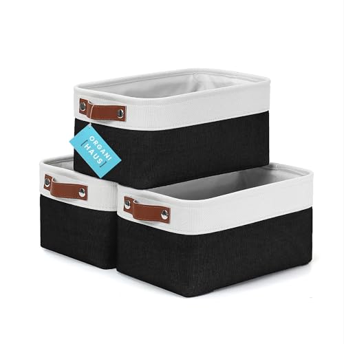 OrganiHaus Small Fabric Storage Baskets 3 Pack, 12x8in Cloth Storage Bins for Shelves, Small Baskets for Organizing Bathroom Pantry Closet, Canvas Shelf Baskets, Black/Off-White