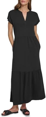 dkny black linen dress DKNY short-sleeve Linen Long Dress | Black