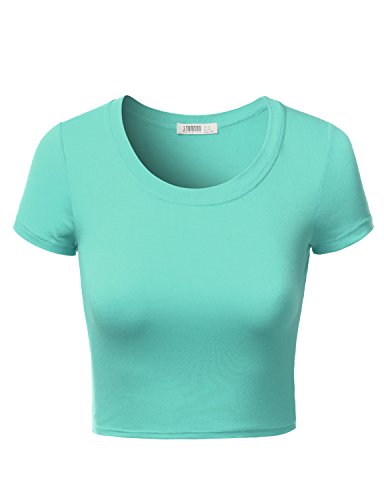 J.TOMSON Womenâ€™s Basic Short Sleeve Round Neck Crop Top Mint L