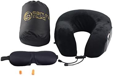 Neck Travel Pillow for Airplane. 4 in 1 Set. U Shaped Neck Pillow. Eye Mask, Earplugs and Water Proof Bag. Luxury Quality Memory Foam and Velvet Fabric. Unique Gift Idea for Travelers (Black Set)