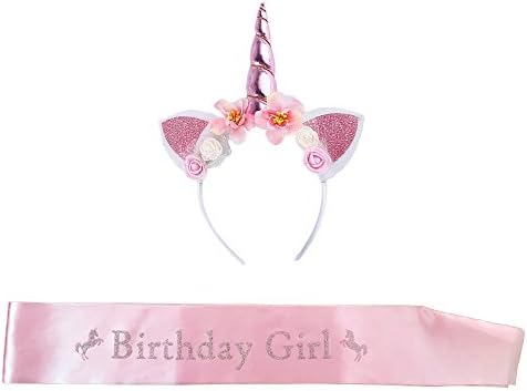 Rhoark Unicorn Headband and Satin Birthday Girl Sash Set (Pink/Light Pink)