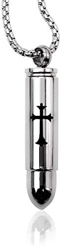 WikiMiu Necklace for Men Women, Titanium Steel Bullet Skull Grey Box Perfume Bottle Pendant with Cross
