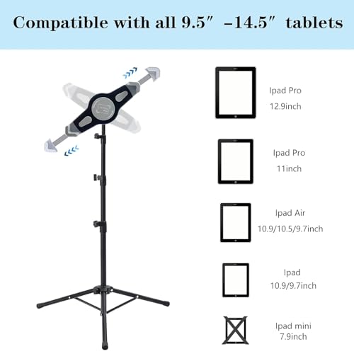 Tripod Stand for iPad, Height Adjustable Floor Stand, Flexible Tablet Mount，360 Degree Rotating Tablet Holder for iPad Pro 12.9, iPad Air and Other Device Within 9.5-14.5 Inch
