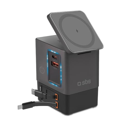 SBS Power Dock 6in1 100W USB-C, Wireless Charging 15W, Compatible with MagSafe, Power Delivery (PD 3.0 PPS), Charging Station with 2 Retractable Cables, Adapter for Laptop, iPhone, AirPods, Black | Power Delivery (PD 3.0 PPS) Charging Station with 2 Retractable Cables Adapter for Computer, iPhone, Black