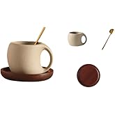1pcs-Ceramic Coffee Cup Sets (250ML, 7*9.8*7.5cm), Japanese Style Hot Tea Cup, Coarse Earthenware Latte Cup, Includes Cup Saucer and Spoon, Suitable for Home, Restaurant, Tea Party, etc.