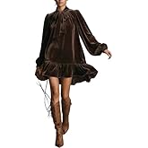 Belamoda Womens Long Sleeve Velvet Mini Dress Elegant Bow Neck Ruffle Hem Classy Party Holiday Dresses for Women
