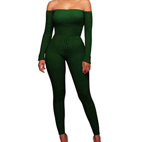 Minisoya Women Long Sleeve Bodycon Clubwear Casual Cocktail Party Romper Playsuit Long Pants Off Shoulder Jumpsuit (Green, XL) - Thumbnail 7