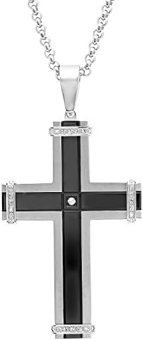 Men’s Stainless Steel .15ctw Diamond Cuffed Two-Tone Black Cross Pendant with Rolo Chain Necklace, 24”