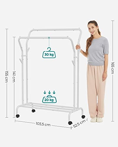 Stand Appendiabiti Doppio, Attaccapanni con Ruote, Struttura in Acciaio, Portata Fino a 100 kg, Larghezza di 103,5 cm, Multifunzione, Bianco HSR107W01