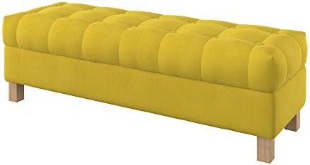 Furninero - 140 cm Wide, Button Tufted Upholstered Opened Storage Bench Footstool Ottoman, Squared Legs, Majestic Velvet Yellow Fabric