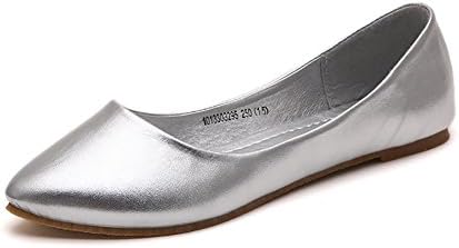 IF FEEL Women's Leather Silver Casual Pointy Toe Soft Solids Ballet Walking Flats Shoes - Size 10