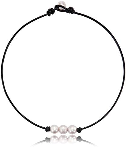 Genuine Leather Choker Necklace Freshwater Cultured Pearls Handmade Jewelry for Women Black 16"