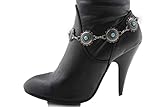 TFJ Women Boot Bracelet Western Fashion Metal Chain Turquoise Blue Flowers Shoe Charm Silver