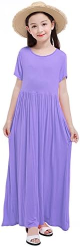 RBwinner Girls Short Sleeve Round Neck Pocket Casual Long Maxi Dress Size 4-13 Years Old (S, Purple)