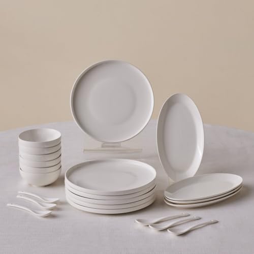 Karaca Forever Bone China Fika 22-Piece Serveware Set for 6 People, Side Plate, Small Bowl, Serving Platters, Dishwasher Safe, White
