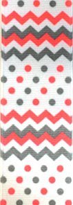 Venus Ribbon V81598-D 1 1/2 Inch Chevron Dot Printed Polyester Grosgrain Ribbon 5 yards White/Coral/Grey