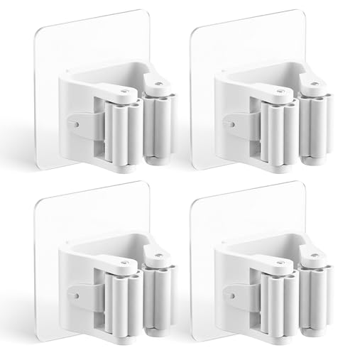 CJSME® ️ Broom and Mop Hanger without Drill: Pack of 4 Brooms and Mops Holder Adhesive Organizer – Easy Installation and Space Saving.