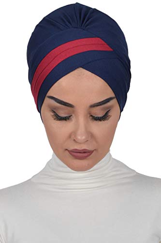 Instant Turban Cotton Scarf Head Wrap Cancer Chemo Headwear Two Colored Blue Red - Thumbnail 3