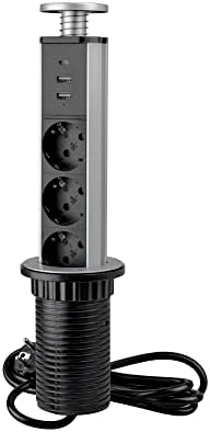 - Réguas de energia incorporadas, régua multi-socket retrátil com carregamento rápido, 3 tomadas EU e 2 USB A+1USB C, torre de tomada embutida para bancada, cinzento metálico, plástico, alumínio