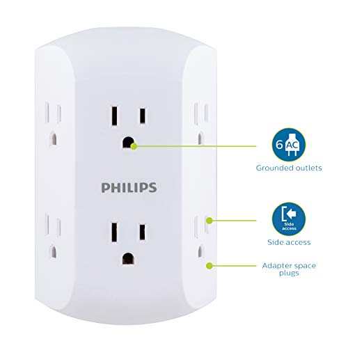 Philips 6-Outlet Extender, Adapter Spaced Outlets, 3-Prong, Charging Station, Side Access, Grounded Wall Tap, Perfect… - Image 3