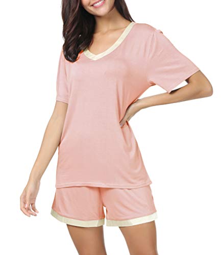 Invug Women Short Sleeve T Shirt and Shorts Pajamas Sleepwear Set Loungewear Pink L