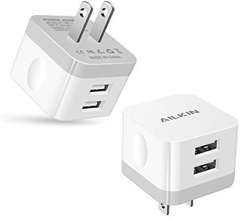 2Pack USB Wall Charger Plug, AILKIN 2.4A Dual Port USB Adapter Power Cube Fast Charging Station Box Base Replacement for iPhone XR XS MAX X/8/7, iPad, Samsung, LG, Pixel Phones USB Charge Block-White