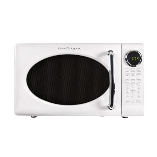 Nostalgia Retro Microwave Oven - 0.7 Cu Ft, 700-Watt Countertop Size with Glass Turntable, Child Safety Lock, 8 Auto-Cook Programs, Digital Clock - White