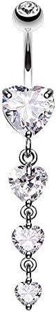 ART OF BODYJEWELRY Dangle Heart Crystle Cascade Belly Button Ring, 316L Surgical Steel 14g Dangle Navel Ring -