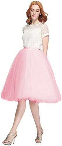 Nemobridal Women's 7 Layer Short Elastic Waistband Tutu Princess Tulle Midi Skirt (S/M, Pink-2)