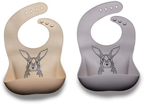 Waterproof Bunny Silicone Bib for Feeding Babies | 2 Sets | Unisex | Super Soft and Comfy for Babies from 6 Months+ | Easy to Clean | (Grey \ Ivory)