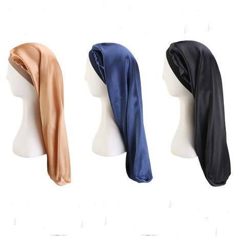 DDEPHNARSA 3 Pieces Long Satin Bonnet Sleep Caps for Women Curly,Braids, Dreadlocks, Long Hair Soft Elastic Band(C-Long Solid)