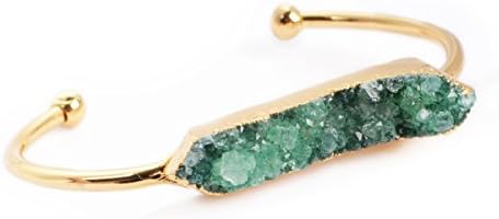 JAB Natural Agate Druzy Bangle Gold Plated V-Shaped Long Oval Rainbow Geode Bangle Drusy Geode Fashion Jewelry (Green)