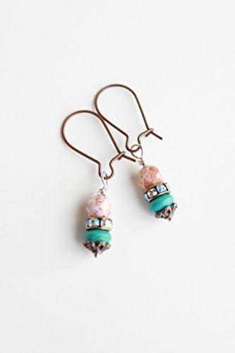Pale Pink and Turquoise rhinestone Czech glass earrings - copper jewelry - small drop beaded -