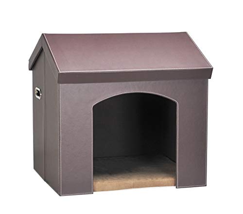 PAWLAND Collapsible Leather Pet Haven Indoor Cat Dog House for Small Dogs,Cats, Folding Dog House with Toys Storage and Bed,Roof Opens, Brown - Thumbnail 5