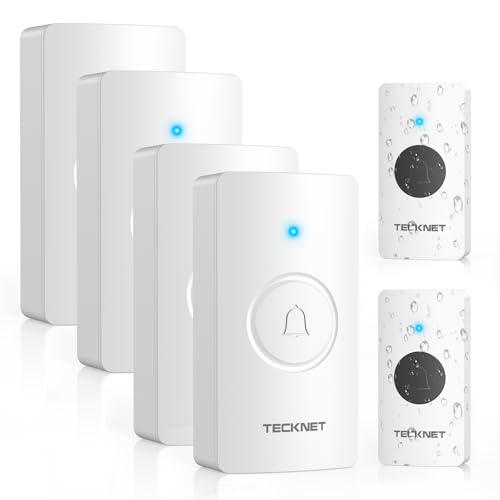 TECKNET Wireless Doorbell, 400 m Outdoor Waterproof Wireless Doorbell, Set of Wireless Doorbells 4 Receivers and 2 Transmitters, IP65 Radio Doorbell, 5 Volume Levels and 60 Melodies