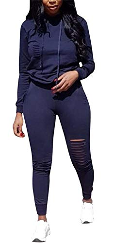 Womens 2 Pieces Outfits Long Sleeve Ripped Hooded Sweatshirt Tops Bodycon Long Pants Tracksuit Set Plus Size