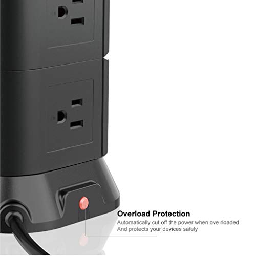 SAFEMORE Desktop Surge Protector Power Strip Tower, Smart 7-Outlet with 2-USB Outlet with 6.5ft/2M Long Extension Cord + 1M Power Cable Multiple Plug Outlet for Home & Office(Black) - Thumbnail 2