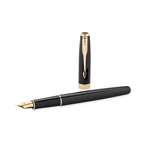 Parker Parker Pen Fountain, Fountain Pen Black Lacquer with Golden Trim, Fine, 1-Boxed, Blue Ink (S0808700)