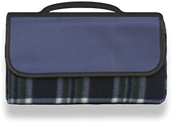 Picnic Fun Folding Plaid Park Blanket with Water Resistant Backing, Navy Blue