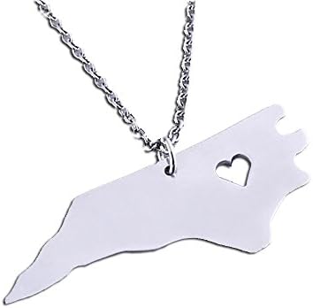 Bine Graceful Pendant Necklace North Carolina State Map Long Chain Heart Cutout Stainless Steel Patriot Pendant Necklace (silver)